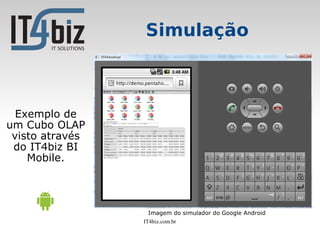 Simulação



  Exemplo de
um Cubo OLAP
 visto através
 do IT4biz BI
    Mobile.




                   Imagem do simulador do Google Android
                 IT4biz.com.br
 