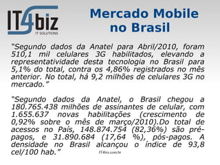 Mercado Mobile
                       no Brasil
“Segundo dados da Anatel para Abril/2010, foram
510,1 mil celulares 3G habilitados, elevando a
representatividade desta tecnologia no Brasil para
5,1% do total, contra os 4,86% registrados no mês
anterior. No total, há 9,2 milhões de celulares 3G no
mercado.”

“Segundo dados da Anatel, o Brasil chegou a
180.765.438 milhões de assinantes de celular, com
1.655.637 novas habilitações (crescimento de
0,92% sobre o mês de março/2010).Do total de
acessos no País, 148.874.754 (82,36%) são pré-
pagos, e 31.890.684 (17,64 %), pós-pagos. A
densidade no Brasil alcançou o índice de 93,8
cel/100 hab.”         IT4biz.com.br
 