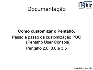 Documentação


   Como customizar o Pentaho.
Passo a passo da customização PUC
       (Pentaho User Console)
       Pentaho 2.0, 3.0 e 3.5



                             www.it4biz.com.br
 