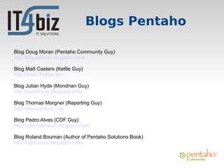Blogs Pentaho

Blog Doug Moran (Pentaho Community Guy)
http://dougmoran.blogspot.com/

Blog Matt Casters (Kettle Guy)
http://www.ibridge.be/

Blog Julian Hyde (Mondrian Guy)
http://julianhyde.blogspot.com/

Blog Thomas Morgner (Reporting Guy)
http://www.sherito.org/

Blog Pedro Alves (CDF Guy)
http://pedroalves-bi.blogspot.com/

Blog Roland Bouman (Author of Pentaho Solutions Book)
http://rpbouman.blogspot.com/
 