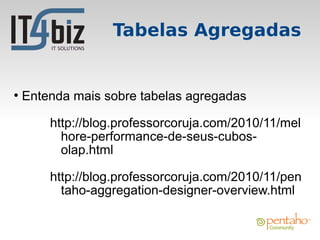 Tabelas Agregadas


●
    Entenda mais sobre tabelas agregadas

        http://blog.professorcoruja.com/2010/11/mel
          hore-performance-de-seus-cubos-
          olap.html

        http://blog.professorcoruja.com/2010/11/pen
          taho-aggregation-designer-overview.html
 