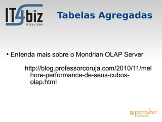 Tabelas Agregadas



●
    Entenda mais sobre o Mondrian OLAP Server

        http://blog.professorcoruja.com/2010/11/mel
          hore-performance-de-seus-cubos-
          olap.html
 