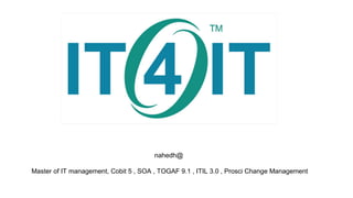 @nahedh
Master of IT management, Cobit 5 , SOA , TOGAF 9.1 , ITIL 3.0 , Prosci Change Management
 