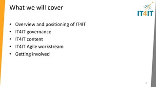 What we will cover 
• Overview and positioning of IT4IT 
• IT4IT governance 
• IT4IT content 
• IT4IT Agile workstream 
• Getting involved 
3 
 