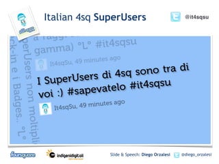 Italian 4sq SuperUsers                          @it4sqsu




              Slide & Speech: Diego Orzalesi   @diego_orzalesi
 