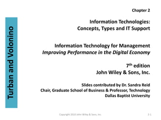 Chapter 2

                                                    Information Technologies:
                                                Concepts, Types and IT Support
Turban and Volonino



                          Information Technology for Management
                      Improving Performance in the Digital Economy

                                                                             7th edition
                                                                 John Wiley & Sons, Inc.

                                           Slides contributed by Dr. Sandra Reid
                      Chair, Graduate School of Business & Professor, Technology
                                                        Dallas Baptist University



                                Copyright 2010 John Wiley & Sons, Inc.                 2-1
 