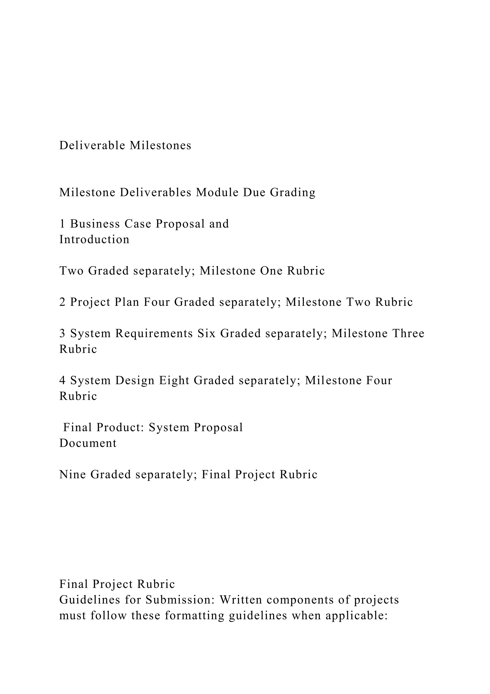 Deliverable Milestones
Milestone Deliverables Module Due Grading
1 Business Case Proposal and
Introduction
Two Graded separately; Milestone One Rubric
2 Project Plan Four Graded separately; Milestone Two Rubric
3 System Requirements Six Graded separately; Milestone Three
Rubric
4 System Design Eight Graded separately; Milestone Four
Rubric
Final Product: System Proposal
Document
Nine Graded separately; Final Project Rubric
Final Project Rubric
Guidelines for Submission: Written components of projects
must follow these formatting guidelines when applicable:
 