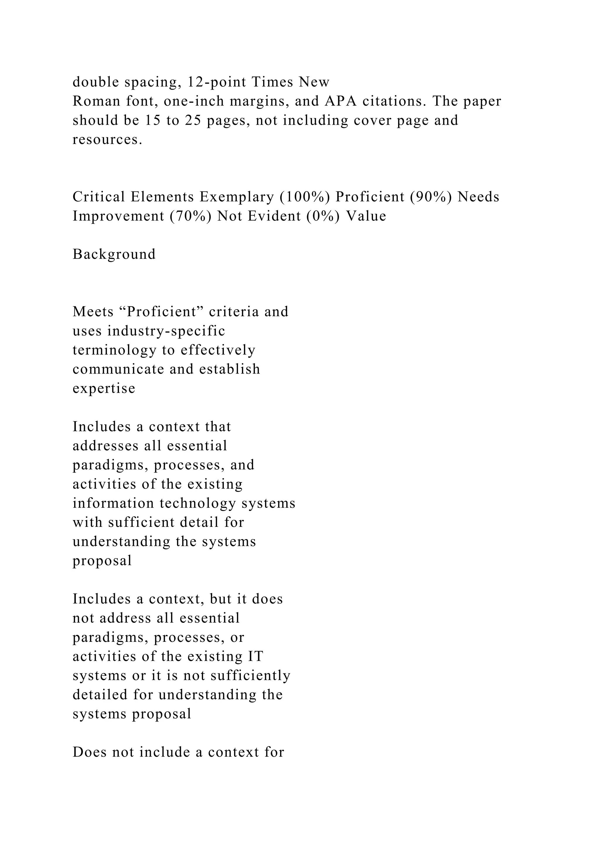 double spacing, 12-point Times New
Roman font, one-inch margins, and APA citations. The paper
should be 15 to 25 pages, not including cover page and
resources.
Critical Elements Exemplary (100%) Proficient (90%) Needs
Improvement (70%) Not Evident (0%) Value
Background
Meets “Proficient” criteria and
uses industry-specific
terminology to effectively
communicate and establish
expertise
Includes a context that
addresses all essential
paradigms, processes, and
activities of the existing
information technology systems
with sufficient detail for
understanding the systems
proposal
Includes a context, but it does
not address all essential
paradigms, processes, or
activities of the existing IT
systems or it is not sufficiently
detailed for understanding the
systems proposal
Does not include a context for
 
