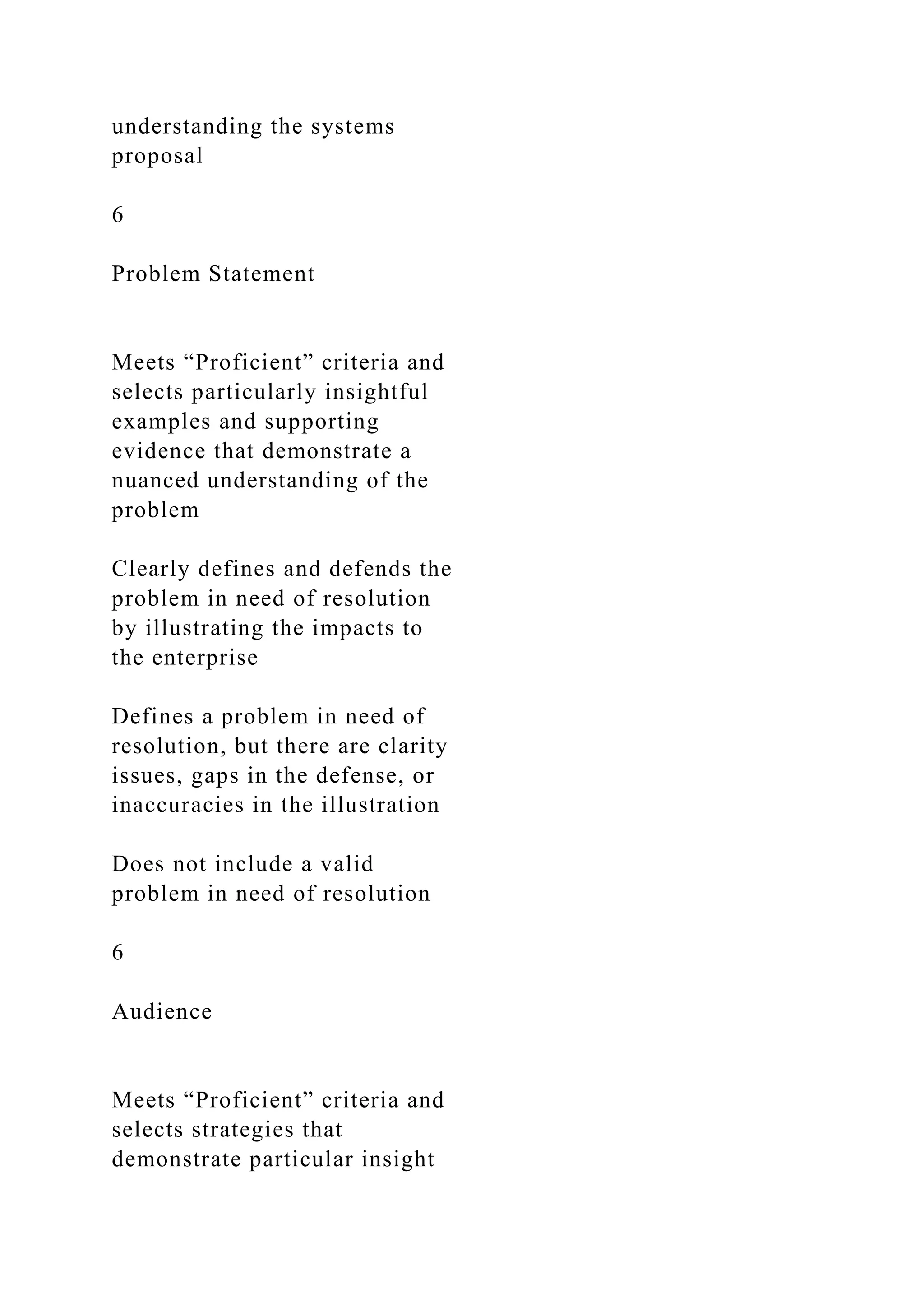 understanding the systems
proposal
6
Problem Statement
Meets “Proficient” criteria and
selects particularly insightful
examples and supporting
evidence that demonstrate a
nuanced understanding of the
problem
Clearly defines and defends the
problem in need of resolution
by illustrating the impacts to
the enterprise
Defines a problem in need of
resolution, but there are clarity
issues, gaps in the defense, or
inaccuracies in the illustration
Does not include a valid
problem in need of resolution
6
Audience
Meets “Proficient” criteria and
selects strategies that
demonstrate particular insight
 