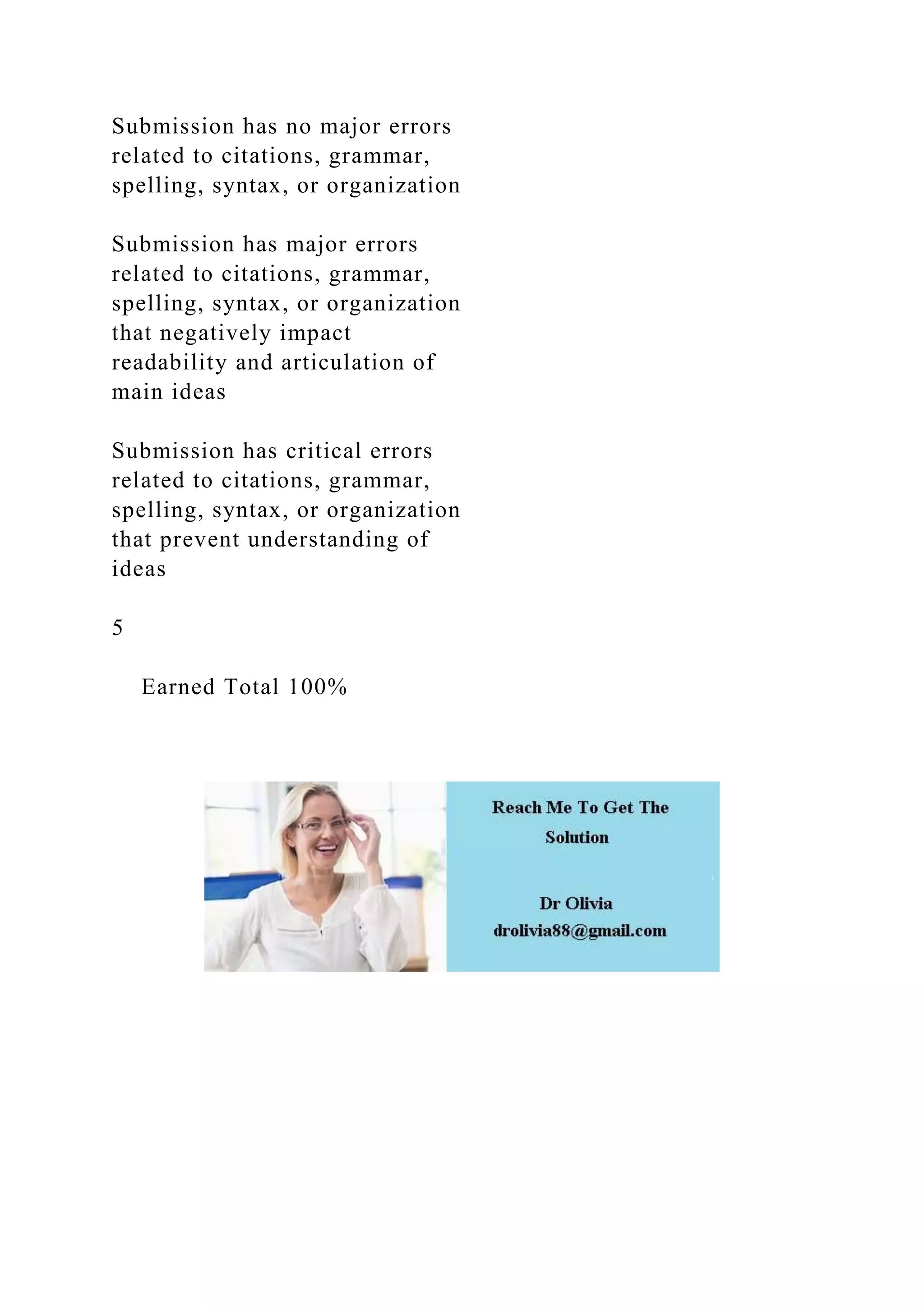 Submission has no major errors
related to citations, grammar,
spelling, syntax, or organization
Submission has major errors
related to citations, grammar,
spelling, syntax, or organization
that negatively impact
readability and articulation of
main ideas
Submission has critical errors
related to citations, grammar,
spelling, syntax, or organization
that prevent understanding of
ideas
5
Earned Total 100%
 