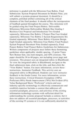 milestone is graded with the Milestone Four Rubric. Final
Submission: System Proposal Document In Module Nine, you
will submit a systems proposal document. It should be a
complete, polished artifact containing all of the critical
elements of the final product. It should reflect the incorporation
of feedback gained throughout the course. This milestone will
be graded using the Final Project Rubric. Deliverable
Milestones Milestone Deliverables Module Due Grading 1
Business Case Proposal and Introduction Two Graded
separately; Milestone One Rubric 2 Project Plan Four Graded
separately; Milestone Two Rubric 3 System Requirements Six
Graded separately; Milestone Three Rubric 4 System Design
Eight Graded separately; Milestone Four Rubric Final Product:
System Proposal Document Nine Graded separately; Final
Project Rubric Final Project Rubric Guidelines for Submission:
Written components of projects must follow these formatting
guidelines when applicable: double spacing, 12-point Times
New Roman font, one-inch margins, and APA citations. The
paper should be 30 to 40 pages, not including cover page and
resources. This project uses an integrated rubric in Blackboard.
To view the integrated rubric in Blackboard, navigate to the
final submission item, click on the title, and then click the
“View Rubric” button. For more information, review these
instructions. Instructor Feedback: This activity uses an
integrated rubric in Blackboard. Students can view instructor
feedback in the Grade Center. For more information, review
these instructions. Critical Elements Exemplary (100%)
Proficient (90%) Needs Improvement (70%) Not Evident (0%)
Value Background Meets “Proficient” criteria and uses
industry-specific terminology to effectively communicate and
establish expertise Includes a context that addresses all
essential paradigms, processes, and activities of the existing
information technology systems with sufficient detail for
understanding the systems proposal Includes a context, but it
does not address all essential paradigms, processes, or activities
of the existing IT systems or it is not sufficiently detailed for
 