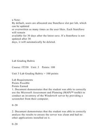 u Note:
By default, users are allocated one StateSave slot per lab, which
can be updated
or overwritten as many times as the user likes. Each StateSave
will remain
available for 30 days after the latest save. If a StateSave is not
updated after 30
days, it will automatically be deleted.
Lab Grading Rubric
Course: IT530 Unit: 3 Points: 100
Unit 3 Lab Grading Rubric = 100 points
Lab Requirements
Points Possible
Points Earned
1. Document demonstrates that the student was able to correctly
use the Microsoft Assessment and Planning (MAP)™ toolkit to
conduct an inventory of the Windows® server by providing a
screenshot from their computer.
0–20
2. Document demonstrates that the student was able to correctly
analyze the results to ensure the server was clean and had no
other applications installed on it.
0–20
 