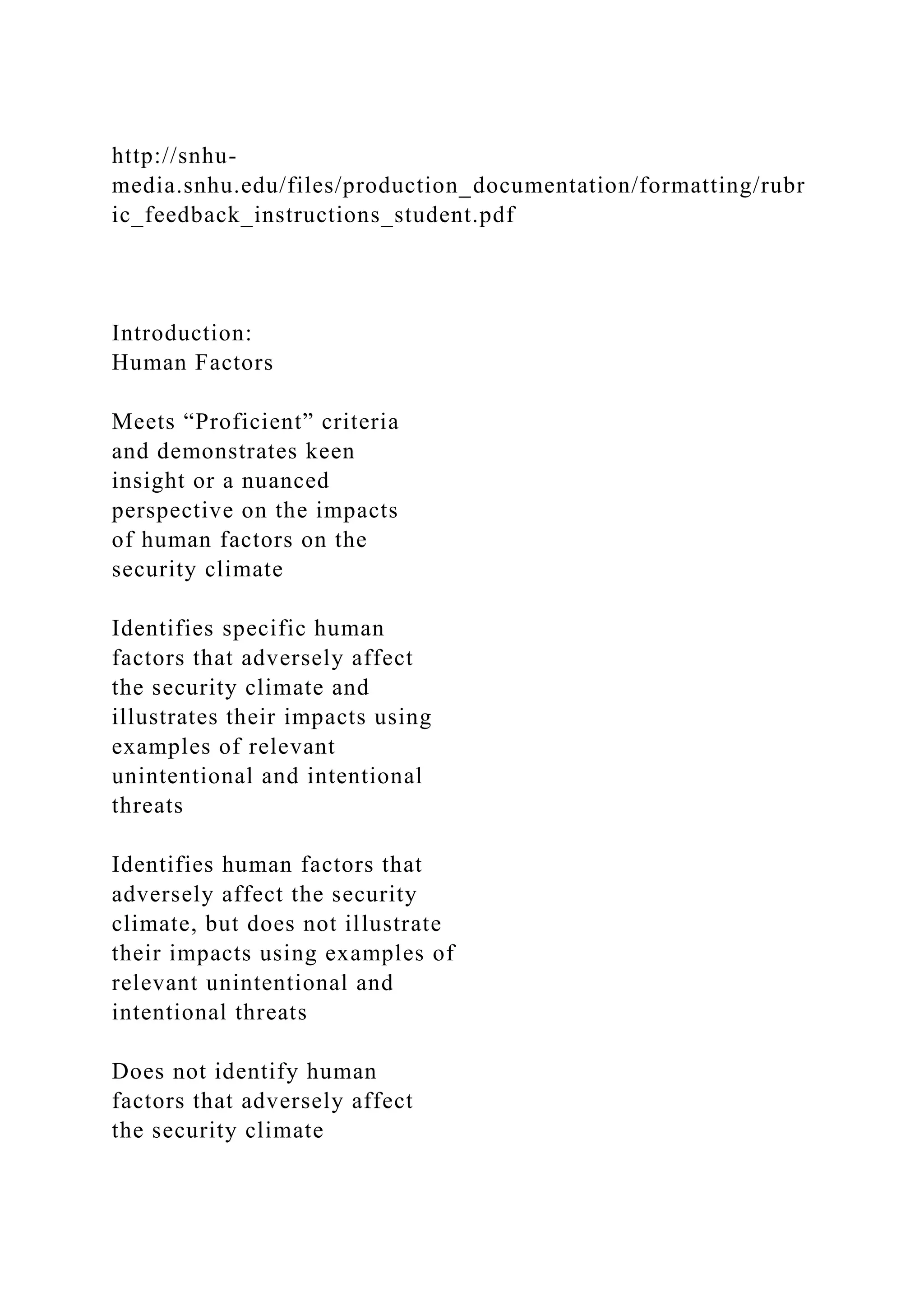 http://snhu-
media.snhu.edu/files/production_documentation/formatting/rubr
ic_feedback_instructions_student.pdf
Introduction:
Human Factors
Meets “Proficient” criteria
and demonstrates keen
insight or a nuanced
perspective on the impacts
of human factors on the
security climate
Identifies specific human
factors that adversely affect
the security climate and
illustrates their impacts using
examples of relevant
unintentional and intentional
threats
Identifies human factors that
adversely affect the security
climate, but does not illustrate
their impacts using examples of
relevant unintentional and
intentional threats
Does not identify human
factors that adversely affect
the security climate
 