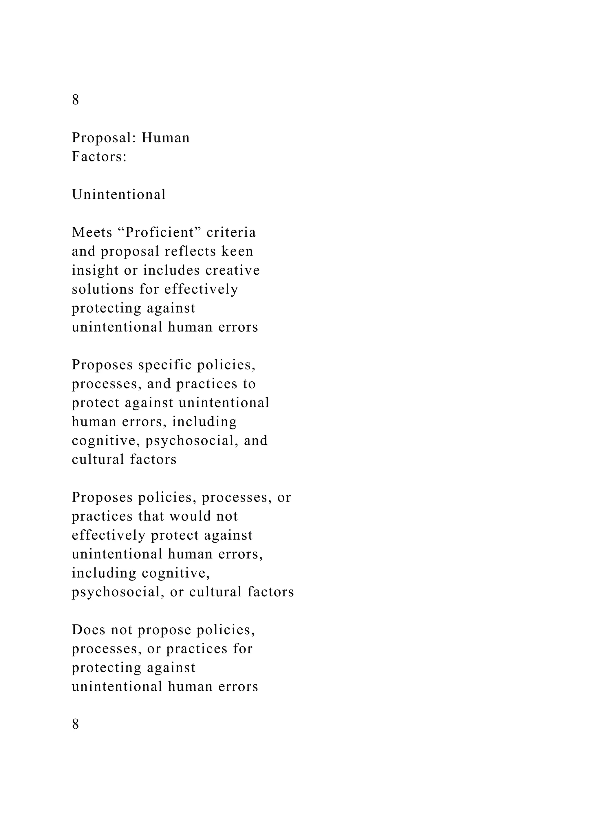 8
Proposal: Human
Factors:
Unintentional
Meets “Proficient” criteria
and proposal reflects keen
insight or includes creative
solutions for effectively
protecting against
unintentional human errors
Proposes specific policies,
processes, and practices to
protect against unintentional
human errors, including
cognitive, psychosocial, and
cultural factors
Proposes policies, processes, or
practices that would not
effectively protect against
unintentional human errors,
including cognitive,
psychosocial, or cultural factors
Does not propose policies,
processes, or practices for
protecting against
unintentional human errors
8
 