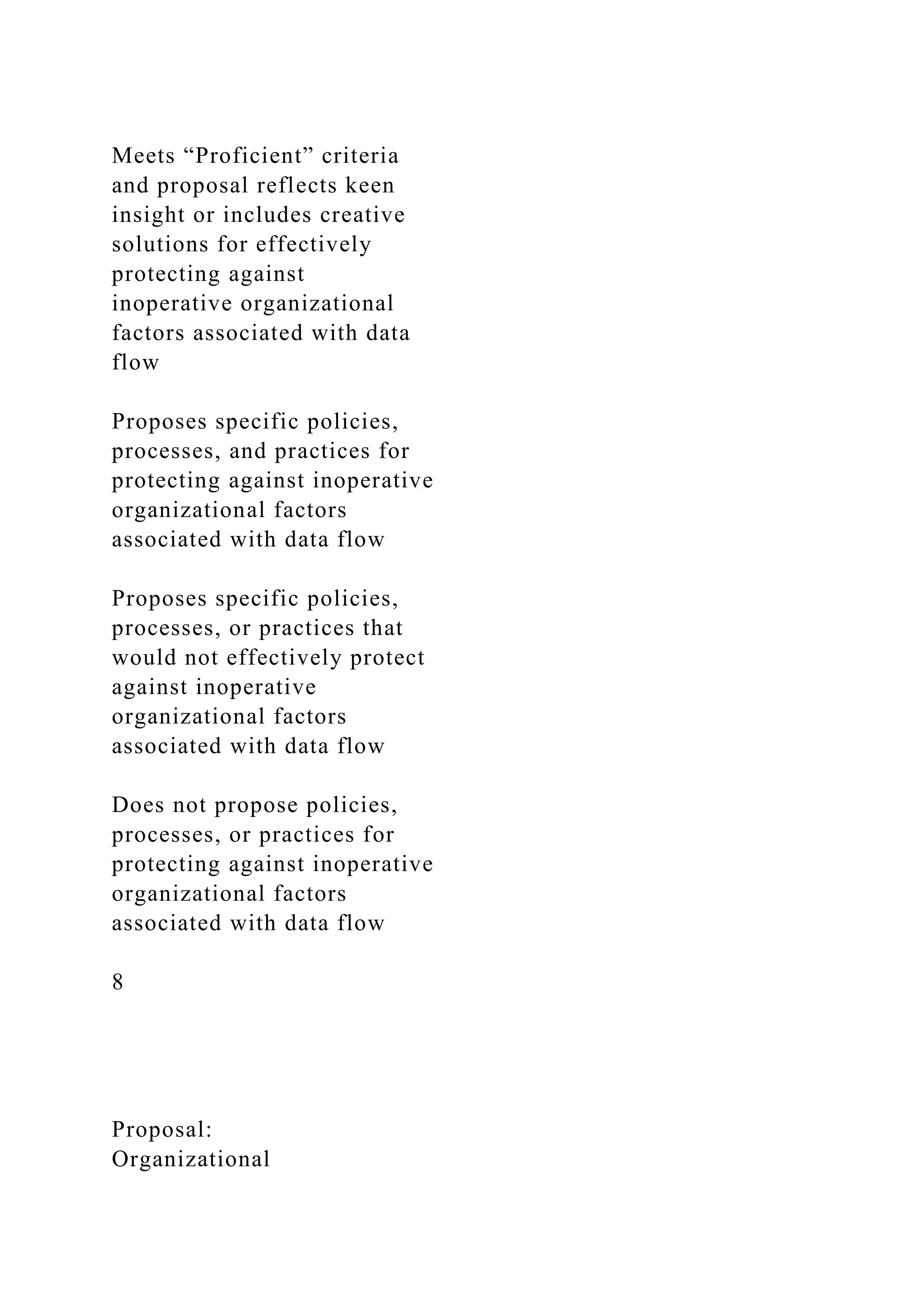 Meets “Proficient” criteria
and proposal reflects keen
insight or includes creative
solutions for effectively
protecting against
inoperative organizational
factors associated with data
flow
Proposes specific policies,
processes, and practices for
protecting against inoperative
organizational factors
associated with data flow
Proposes specific policies,
processes, or practices that
would not effectively protect
against inoperative
organizational factors
associated with data flow
Does not propose policies,
processes, or practices for
protecting against inoperative
organizational factors
associated with data flow
8
Proposal:
Organizational
 
