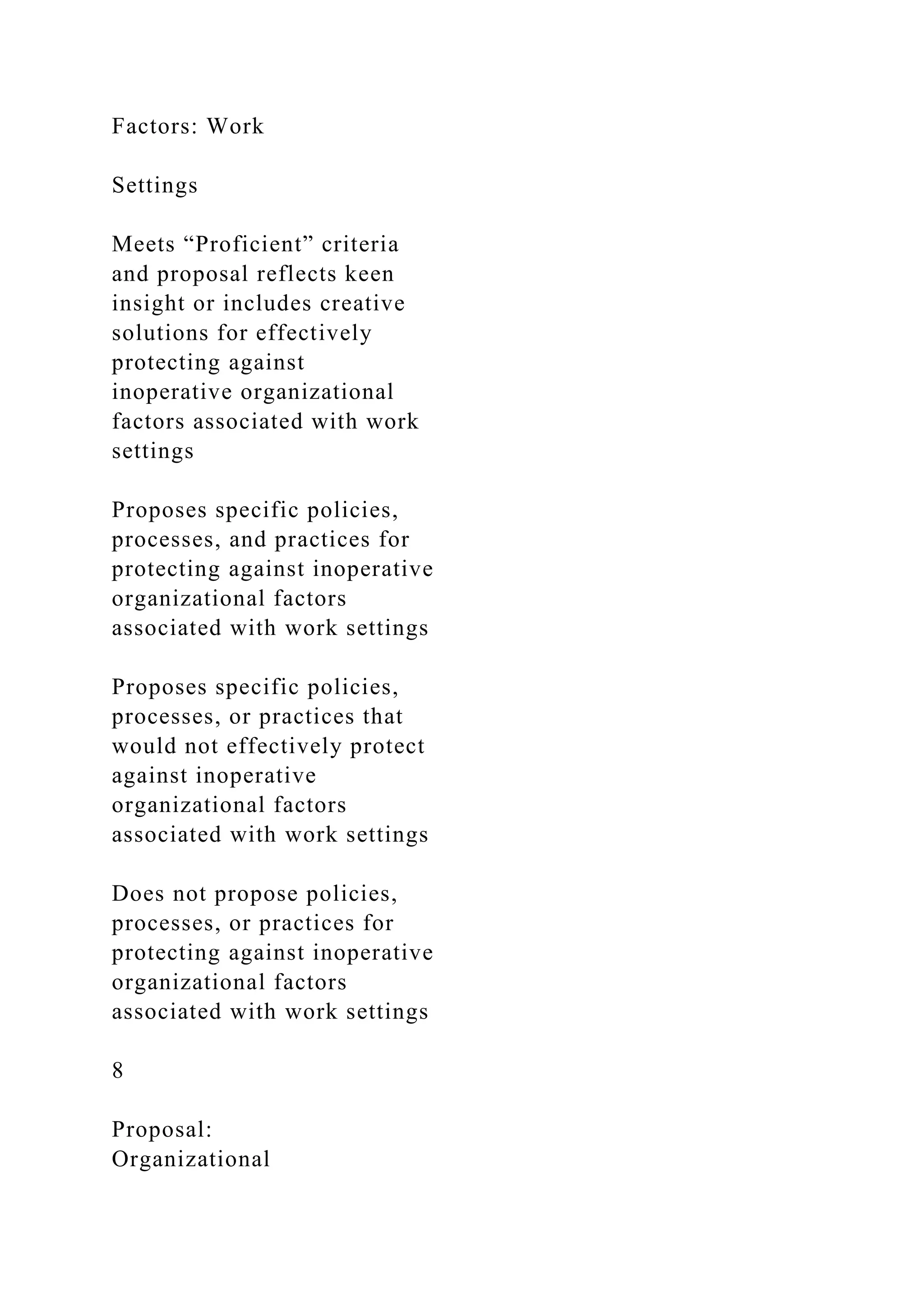 Factors: Work
Settings
Meets “Proficient” criteria
and proposal reflects keen
insight or includes creative
solutions for effectively
protecting against
inoperative organizational
factors associated with work
settings
Proposes specific policies,
processes, and practices for
protecting against inoperative
organizational factors
associated with work settings
Proposes specific policies,
processes, or practices that
would not effectively protect
against inoperative
organizational factors
associated with work settings
Does not propose policies,
processes, or practices for
protecting against inoperative
organizational factors
associated with work settings
8
Proposal:
Organizational
 