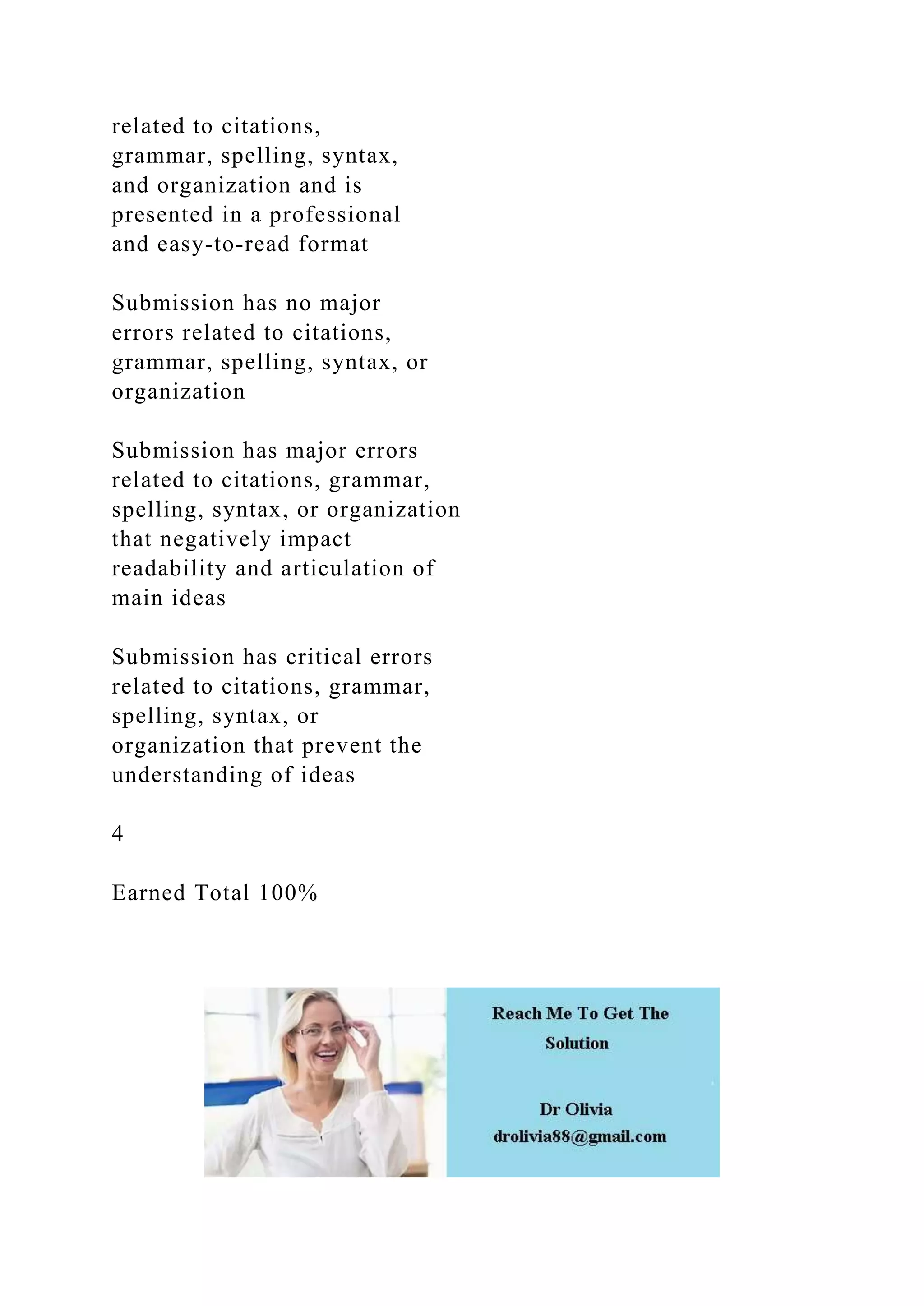 related to citations,
grammar, spelling, syntax,
and organization and is
presented in a professional
and easy-to-read format
Submission has no major
errors related to citations,
grammar, spelling, syntax, or
organization
Submission has major errors
related to citations, grammar,
spelling, syntax, or organization
that negatively impact
readability and articulation of
main ideas
Submission has critical errors
related to citations, grammar,
spelling, syntax, or
organization that prevent the
understanding of ideas
4
Earned Total 100%
 