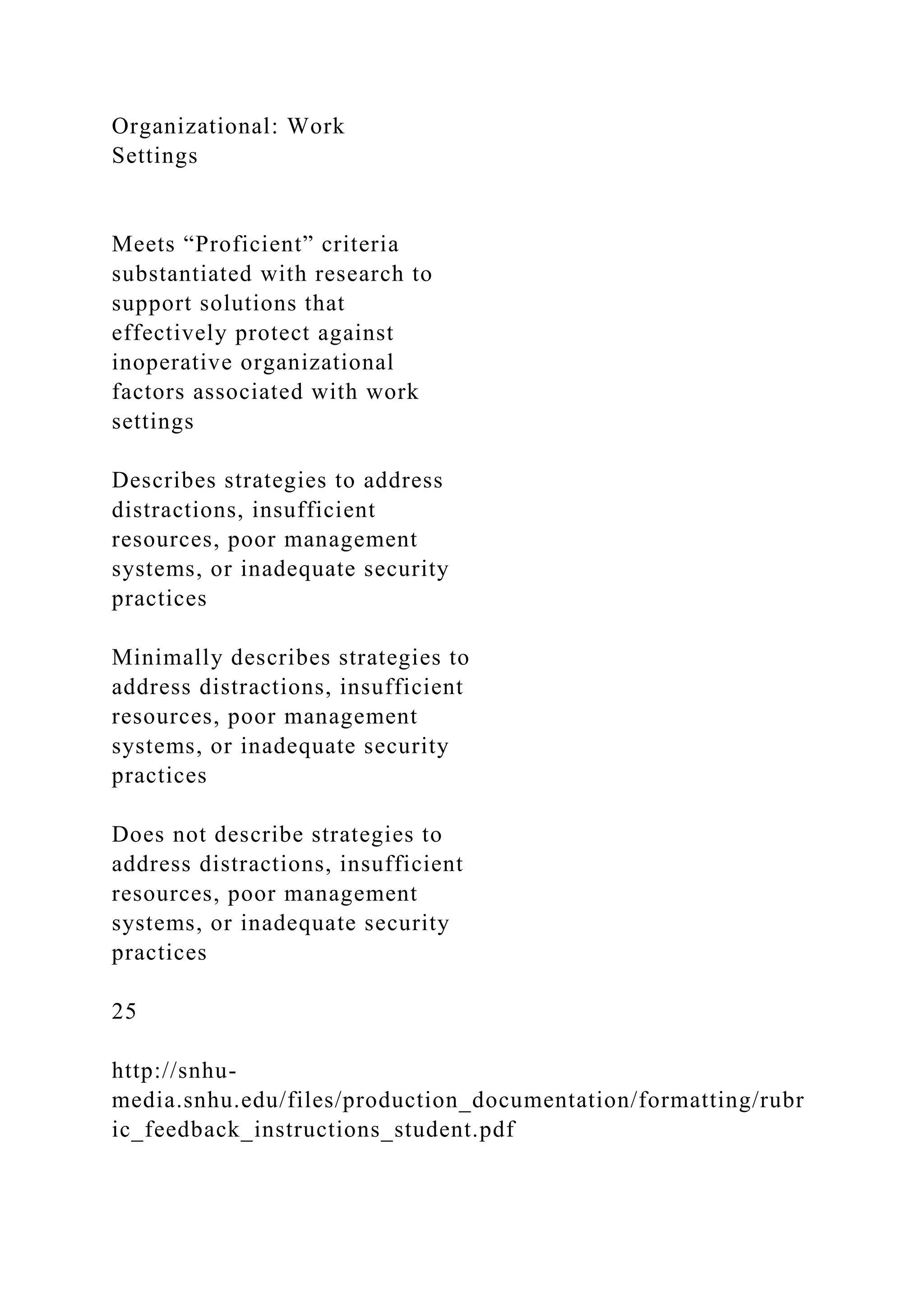 Organizational: Work
Settings
Meets “Proficient” criteria
substantiated with research to
support solutions that
effectively protect against
inoperative organizational
factors associated with work
settings
Describes strategies to address
distractions, insufficient
resources, poor management
systems, or inadequate security
practices
Minimally describes strategies to
address distractions, insufficient
resources, poor management
systems, or inadequate security
practices
Does not describe strategies to
address distractions, insufficient
resources, poor management
systems, or inadequate security
practices
25
http://snhu-
media.snhu.edu/files/production_documentation/formatting/rubr
ic_feedback_instructions_student.pdf
 