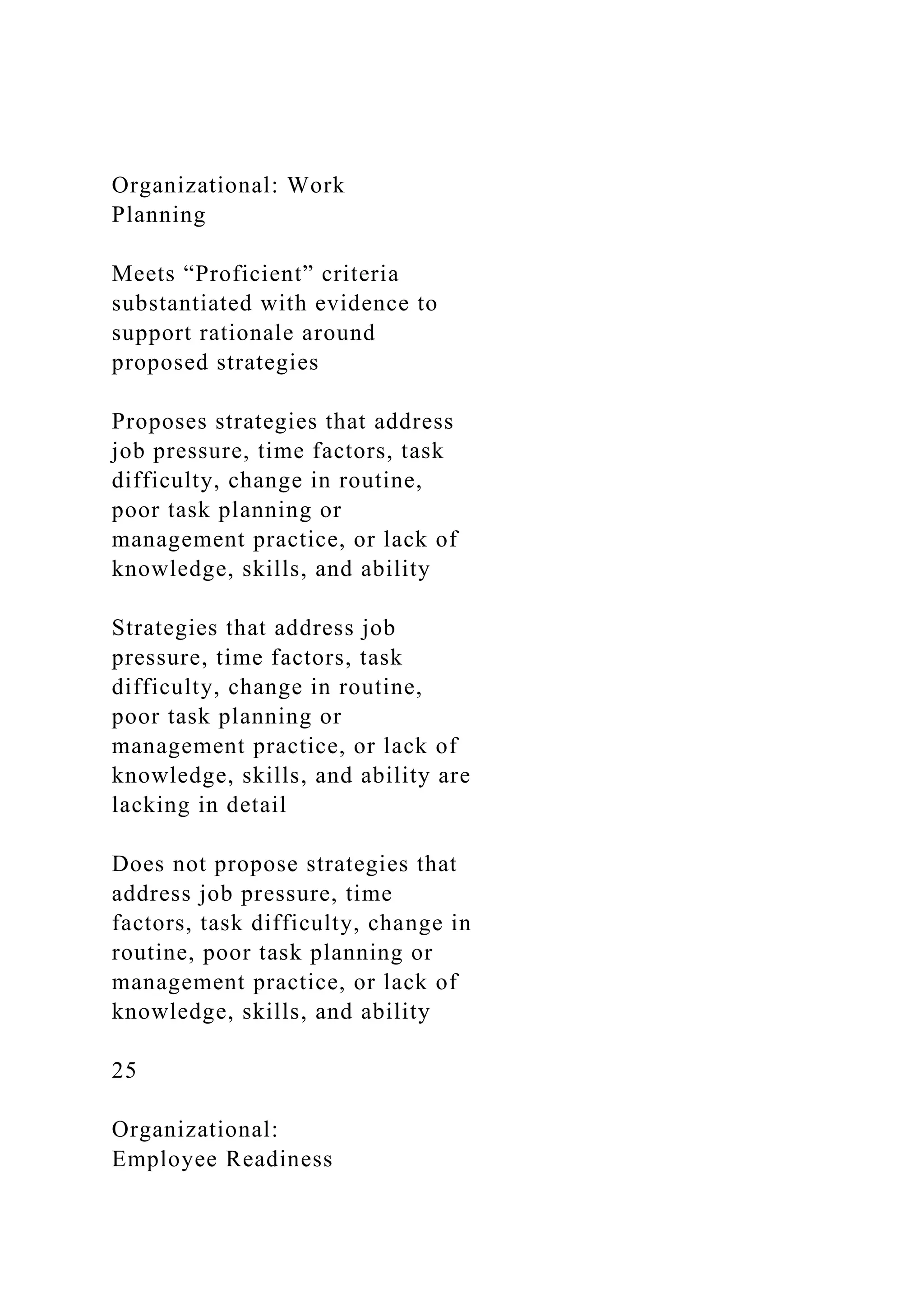 Organizational: Work
Planning
Meets “Proficient” criteria
substantiated with evidence to
support rationale around
proposed strategies
Proposes strategies that address
job pressure, time factors, task
difficulty, change in routine,
poor task planning or
management practice, or lack of
knowledge, skills, and ability
Strategies that address job
pressure, time factors, task
difficulty, change in routine,
poor task planning or
management practice, or lack of
knowledge, skills, and ability are
lacking in detail
Does not propose strategies that
address job pressure, time
factors, task difficulty, change in
routine, poor task planning or
management practice, or lack of
knowledge, skills, and ability
25
Organizational:
Employee Readiness
 