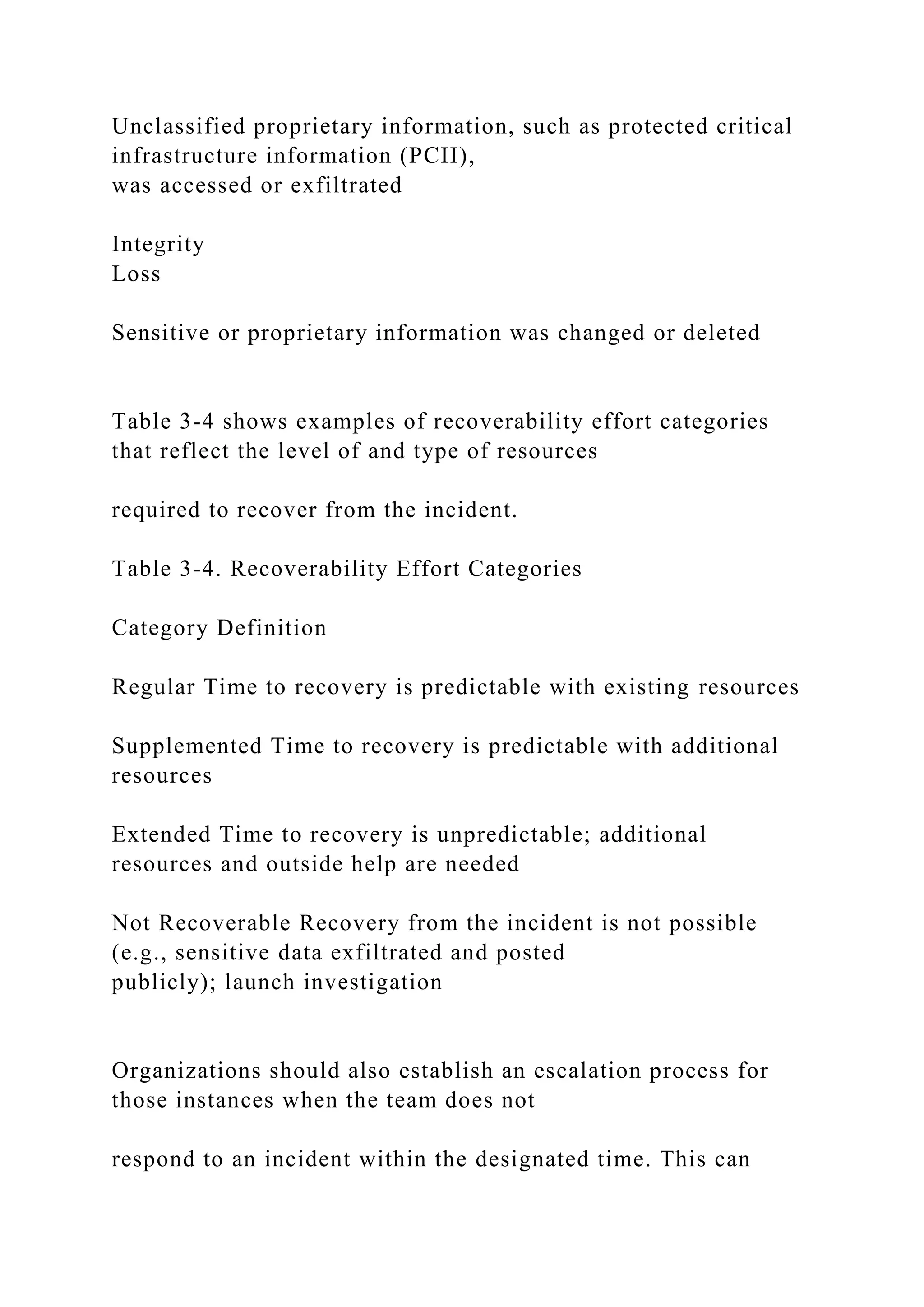 Unclassified proprietary information, such as protected critical
infrastructure information (PCII),
was accessed or exfiltrated
Integrity
Loss
Sensitive or proprietary information was changed or deleted
Table 3-4 shows examples of recoverability effort categories
that reflect the level of and type of resources
required to recover from the incident.
Table 3-4. Recoverability Effort Categories
Category Definition
Regular Time to recovery is predictable with existing resources
Supplemented Time to recovery is predictable with additional
resources
Extended Time to recovery is unpredictable; additional
resources and outside help are needed
Not Recoverable Recovery from the incident is not possible
(e.g., sensitive data exfiltrated and posted
publicly); launch investigation
Organizations should also establish an escalation process for
those instances when the team does not
respond to an incident within the designated time. This can
 