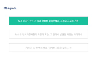 6부 Agenda
Part 1: 지난 1년 간 직접 경험한 실리콘밸리, 그리고 사고의 전환
Part 2: 벤치마킹사들의 초창기 모습, 그 안에서 발견한 재밌는 아이러니
Part 3: 또 한 번의 배움. 이제는 새로은 삶의 시작
 