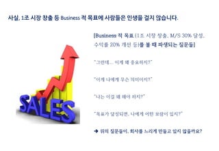 사실, 1조 시장 창출 등 Business 적 목표에 사람들은 인생을 걸지 않습니다.
[Business 적 목표 (1조 시장 창출, M/S 30% 달성,
수익률 20% 개선 등)를 볼 때 파생되는 질문들]
“그런데... 이게 왜 중요하지?”
“이게 나에게 무슨 의미이지?”
“나는 이걸 왜 해야 하지?”
“목표가 달성되면, 나에게 어떤 보람이 있지?”
 위의 질문들이, 회사를 느리게 만들고 있지 않을까요?
 