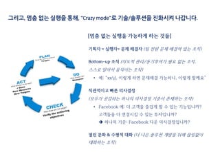 기획자 = 실행자= 문제 해결자 (팀 전원 문제 해결력 있는 조직)
Bottom-up 조직 (의도적 관리/동기부여가 필요 없는 조직.
스스로 알아서 움직이는 조직)
• 예: “xx님, 이렇게 하면 문제해결 가능하니, 이렇게 할께요”
직관적이고 빠른 의사결정
(모두가 공감하는 하나의 의사결정 기준이 존재하는 조직)
• Facebook 예: 더 고객을 즐겁게 할 수 있는 기능입니까?
고객들을 더 연결시킬 수 있는 투자입니까?
 하나의 기준: Facebook 다운 의사결정입니까?
열린 문화 & 수평적 대화 (더 나은 솔루션 개발을 위해 끊임없이
대화하는 조직)
[멈춤 없는 실행을 가능하게 하는 것들]
그리고, 멈춤 없는 실행을 통해, “Crazy mode”로 기술/솔루션을 진화시켜 나갑니다.
 