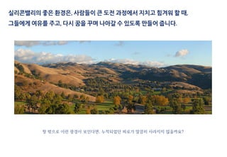 창 밖으로 이런 광경이 보인다면, 누적되었던 피로가 말끔히 사라지지 않을까요?
실리콘밸리의 좋은 환경은, 사람들이 큰 도전 과정에서 지치고 힘겨워 할 때,
그들에게 여유를 주고, 다시 꿈을 꾸며 나아갈 수 있도록 만들어 줍니다.
 