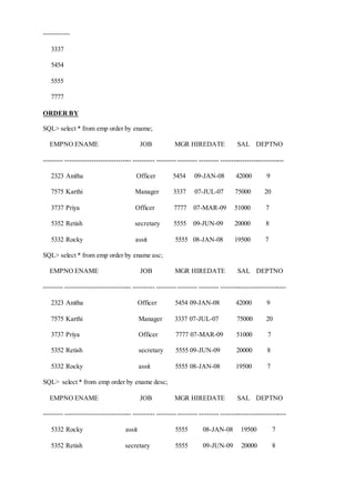 ------------
3337
5454
5555
7777
ORDER BY
SQL> select * from emp order by ename;
EMPNO ENAME JOB MGR HIREDATE SAL DEPTNO
--------- ------------------------------ ---------- ------------------ --------- -----------------------------
2323 Anitha Officer 5454 09-JAN-08 42000 9
7575 Karthi Manager 3337 07-JUL-07 75000 20
3737 Priya Officer 7777 07-MAR-09 51000 7
5352 Retish secretary 5555 09-JUN-09 20000 8
5332 Rocky assit 5555 08-JAN-08 19500 7
SQL> select * from emp order by ename asc;
EMPNO ENAME JOB MGR HIREDATE SAL DEPTNO
--------- ------------------------------ ---------- ------------------ --------- ------------------------------
2323 Anitha Officer 5454 09-JAN-08 42000 9
7575 Karthi Manager 3337 07-JUL-07 75000 20
3737 Priya Officer 7777 07-MAR-09 51000 7
5352 Retish secretary 5555 09-JUN-09 20000 8
5332 Rocky assit 5555 08-JAN-08 19500 7
SQL> select * from emp order by ename desc;
EMPNO ENAME JOB MGR HIREDATE SAL DEPTNO
--------- ------------------------------ ---------- ------------------ --------- ------------------------------
5332 Rocky assit 5555 08-JAN-08 19500 7
5352 Retish secretary 5555 09-JUN-09 20000 8
 