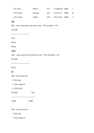 3737 Priya Officer 7777 07-MAR-09 51000 7
7575 Karthi Manager 3337 07-JUL-07 75000 20
2323 Anitha Officer 5454 09-JAN-08 42000 9
OR
SQL> select ename from emp where ( mgr = 5555 or deptno = 07);
ENAME
------------------------------
Priya
Retish
Rocky
AND
SQL> select ename from emp where ( mgr = 5555 and deptno = 07);
ENAME
------------------------------
Rocky
IN
SQL> select ename,sal
2 from emp
3 where empno in
4 (2323,5555);
ENAME SAL
------------------------------ ---------
Anitha 42000
SQL> select ename,sal
2 from emp
3 where empno in
 
