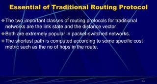 Essential of Traditional Routing Protocol
The two important classes of routing protocols for traditional
networks are the link state and the distance vector
Both are extremely popular in packet-switched networks.
The shortest path is computed according to some specific cost
metric such as the no of hops in the route.
14
 