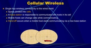 Cellular Wireless
Single hop wireless connectivity to the wired world
 Space divided into cells
 A base station is responsible to communicate with hosts in its cell
 Mobile hosts can change cells while communicating
 Hand-off occurs when a mobile host starts communicating via a new base station
 