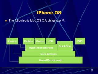 M-Commerce Structure
 Content provider implements an application by providing two sets of programs: Client-
side and Server-Side
 Clint side programs run on the browsers installed on users mobile.
 Server side programs performs database access and computations, resides on the
host computers(Servers)
32
 