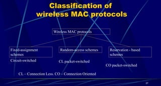 Classification of
wireless MAC protocols
Wireless MAC protocols
Fixed-assignment
schemes
Random-access schemes Reservation - based
schemes
Circuit-switched CL packet-switched
CO packet-switched
CL – Connection Less. CO – Connection Oriented
27
 