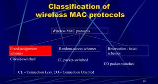 Classification of
wireless MAC protocols
Wireless MAC protocols
Fixed-assignment
schemes
Random-access schemes Reservation - based
schemes
Circuit-switched CL packet-switched
CO packet-switched
CL – Connection Less. CO – Connection Oriented
29
 