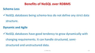 Benefits of NoSQL over RDBMS
Schema Less
NoSQL databases being schema-less do not define any strict data
structure.
Dynamic and Agile
NoSQL databases have good tendency to grow dynamically with
changing requirements. It can handle structured, semi-
structured and unstructured data.
119K.T.Mikel Raj
 