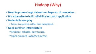 Hadoop (Why)
 Need to process huge datasets on large no. of computers.
 It is expensive to build reliability into each application.
 Nodes fails everyday
 Failure is expected, rather than exceptional.
 Need common infrastructure
Efficient, reliable, easy to use.
Open sourced , Apache License
134K.T.Mikel Raj
 