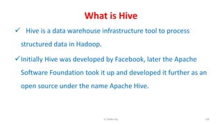 What is Hive
 Hive is a data warehouse infrastructure tool to process
structured data in Hadoop.
Initially Hive was developed by Facebook, later the Apache
Software Foundation took it up and developed it further as an
open source under the name Apache Hive.
138K.T.Mikel Raj
 