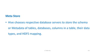 Meta Store
• Hive chooses respective database servers to store the schema
or Metadata of tables, databases, columns in a table, their data
types, and HDFS mapping.
143K.T.Mikel Raj
 