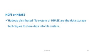 HDFS or HBASE
Hadoop distributed file system or HBASE are the data storage
techniques to store data into file system.
146K.T.Mikel Raj
 