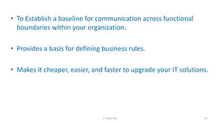• To Establish a baseline for communication across functional
boundaries within your organization.
• Provides a basis for defining business rules.
• Makes it cheaper, easier, and faster to upgrade your IT solutions.
16K.T.Mikel Raj
 