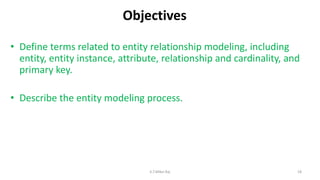 Objectives
• Define terms related to entity relationship modeling, including
entity, entity instance, attribute, relationship and cardinality, and
primary key.
• Describe the entity modeling process.
18K.T.Mikel Raj
 