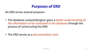 Purposes of ERD
An ERD serves several purposes
• The database analyst/designer gains a better understanding of
the information to be contained in the database through the
process of constructing the ERD.
• The ERD serves as a documentation tool.
22K.T.Mikel Raj
 