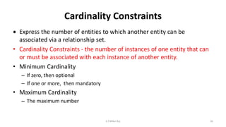 Cardinality Constraints
 Express the number of entities to which another entity can be
associated via a relationship set.
• Cardinality Constraints - the number of instances of one entity that can
or must be associated with each instance of another entity.
• Minimum Cardinality
– If zero, then optional
– If one or more, then mandatory
• Maximum Cardinality
– The maximum number
26K.T.Mikel Raj
 