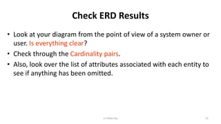Check ERD Results
• Look at your diagram from the point of view of a system owner or
user. Is everything clear?
• Check through the Cardinality pairs.
• Also, look over the list of attributes associated with each entity to
see if anything has been omitted.
53K.T.Mikel Raj
 