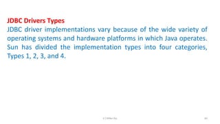 JDBC Drivers Types
JDBC driver implementations vary because of the wide variety of
operating systems and hardware platforms in which Java operates.
Sun has divided the implementation types into four categories,
Types 1, 2, 3, and 4.
60K.T.Mikel Raj
 