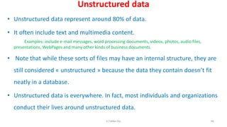 Unstructured data
• Unstructured data represent around 80% of data.
• It often include text and multimedia content.
Examples: include e-mail messages, word processing documents, videos, photos, audio files,
presentations, WebPages and many other kinds of business documents.
• Note that while these sorts of files may have an internal structure, they are
still considered « unstructured » because the data they contain doesn’t fit
neatly in a database.
• Unstructured data is everywhere. In fact, most individuals and organizations
conduct their lives around unstructured data.
96K.T.Mikel Raj
 