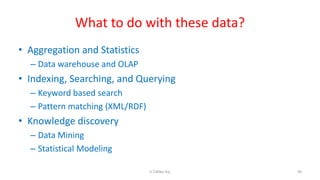 What to do with these data?
• Aggregation and Statistics
– Data warehouse and OLAP
• Indexing, Searching, and Querying
– Keyword based search
– Pattern matching (XML/RDF)
• Knowledge discovery
– Data Mining
– Statistical Modeling
98K.T.Mikel Raj
 