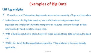 Examples of Big Data
IT log analytics
 IT solutions and IT departments generate an enormous quantity of logs and trace data.
 In the absence of a Big Data solution, much of this data must go unexamined:
organizations simply don't have the manpower or resource to churn through all that
information by hand, let alone in real time.
 With a Big Data solution in place, however, those logs and trace data can be put to good
use.
 Within this list of Big Data application examples, IT log analytics is the most broadly
applicable.
99K.T.Mikel Raj
 