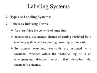 Labeling Systems
 Types of Labeling Systems:
 Labels as Indexing Terms
 for classifying the contents of large sites
 enhancing a document's chance of getting retrieved by a
searching system, and supporting browsing within a site.
 To support searching, keywords are assigned to a
document, whether within the <META> tag or in an
accompanying database record that describes the
document's contents.
 